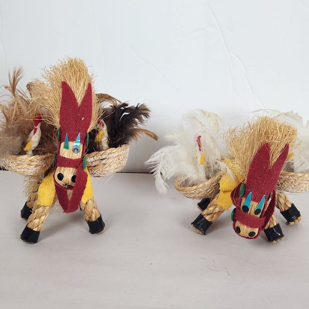 rope horse folk art chicken basket handmade mexico feathers decor‎